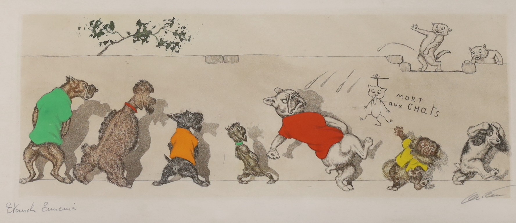 Boris O'Klein, four coloured aquatints from the Dirty Dogs of Paris series, signed in pencil, 17 x 44cm